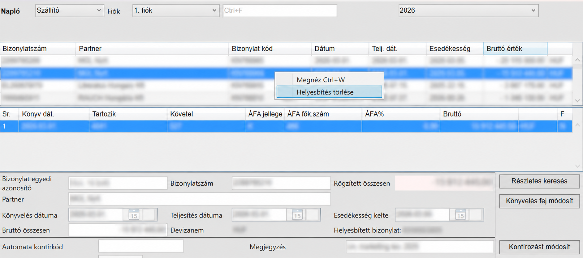 A Kontír.NET Archív ablaka, ahol a kijelölt helyesbítő bizonylat helyi menüjében a Helyesbítés törlése művelet látható.